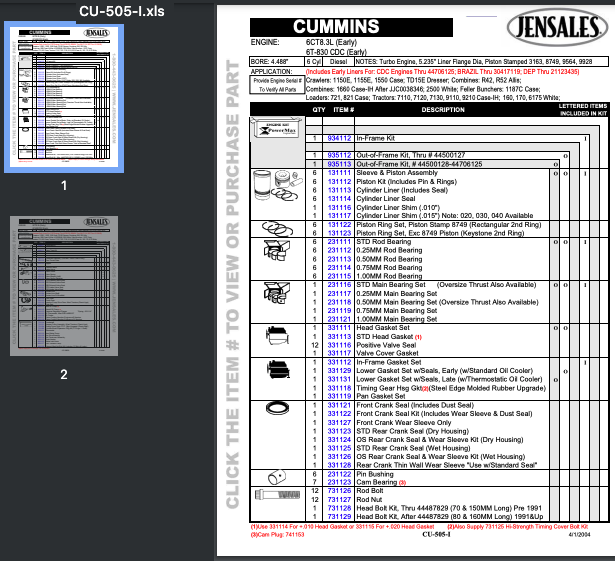 CU-505-I Free Catalog - Cummins 6 Cylinder Diesel 6CT8.3L, 6T-830 Engine Kits and Parts