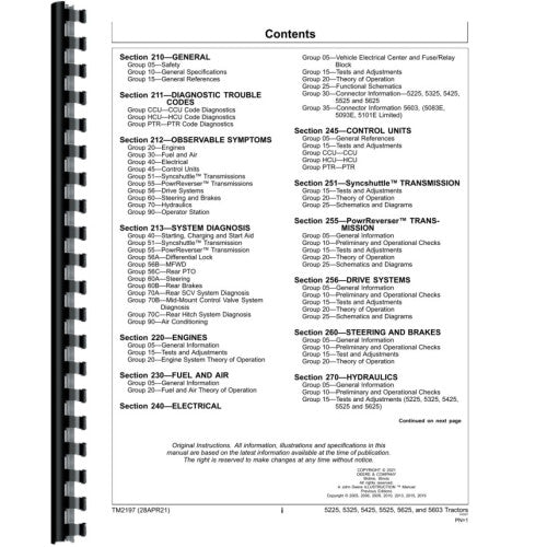 JD-S-TM2197 Operation and Test Manual fits John Deere 5225 Tractor Diesel Diagnostic and Test