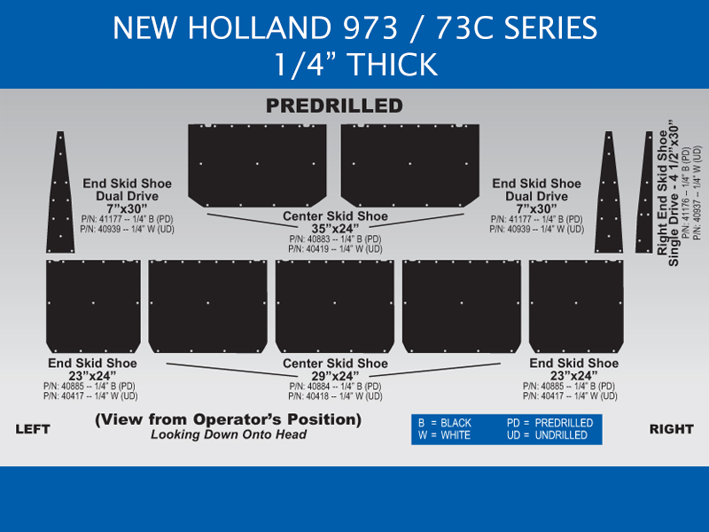 80250 20′ Skid Shoe Set for New Holland 973/73C- White UHMW – Undrilled